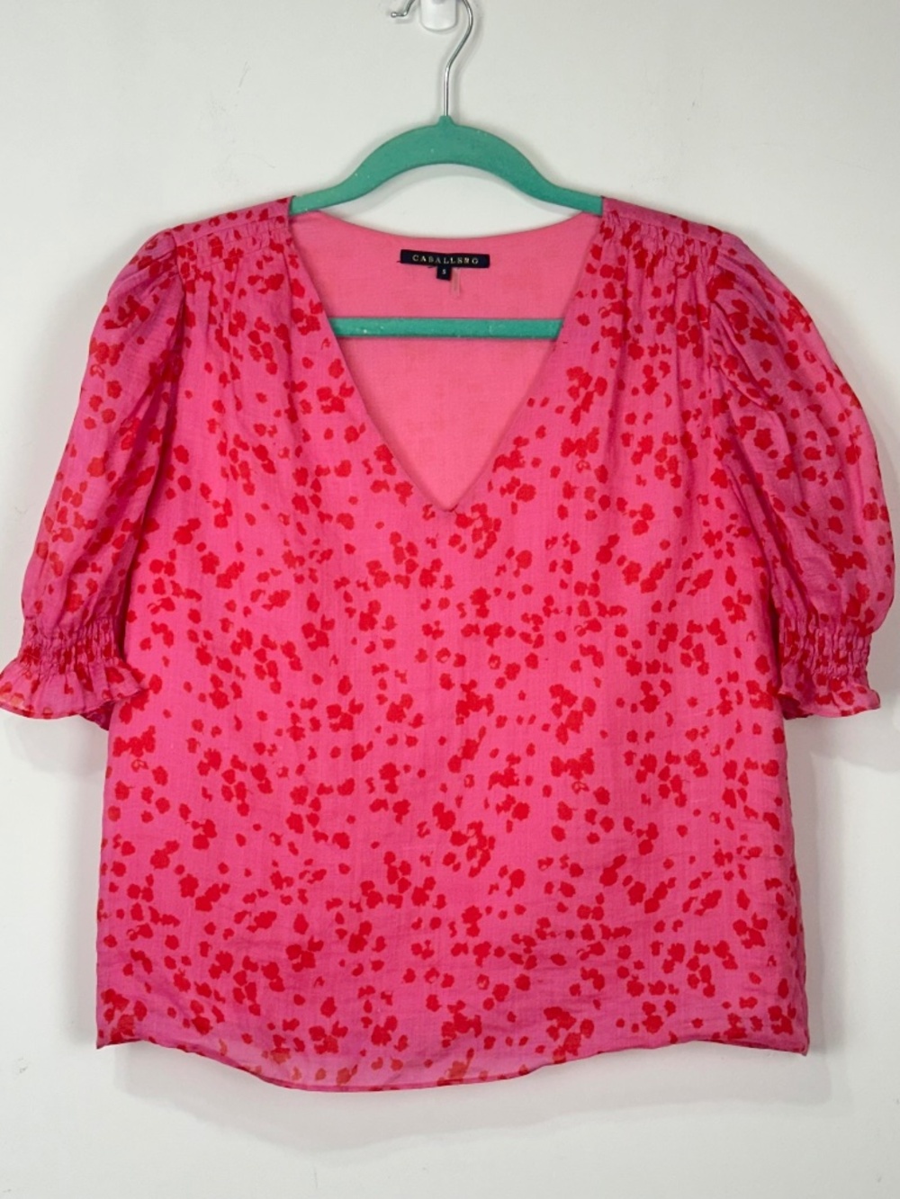 Caballero Womens Pink Puff Sleeve Lined Cotton Blouse S Preppy Boho Colorful